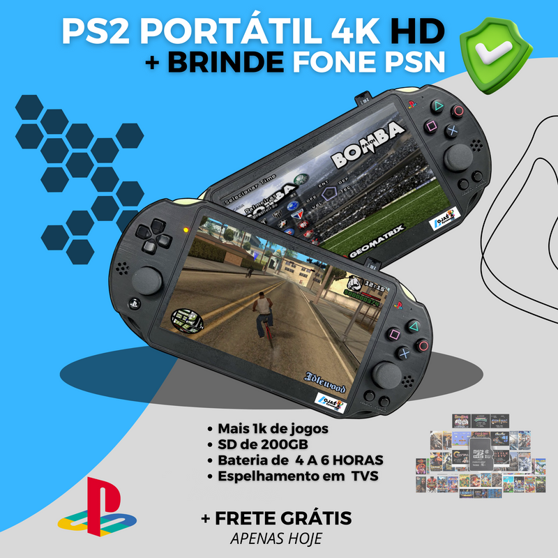 PS2 PORTÁTIL HD + FONE PSN E  PEN DRIVE COM 1000 JOGOS DE BRINDE!